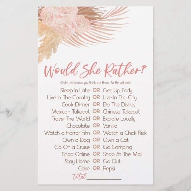 Boho Pink Would She Rather? Bridal Shower Game Stationery (Front)