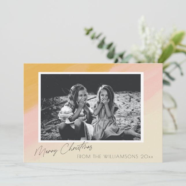 Boho Pink Yellow Watercolor Christmas Custom Photo Holiday Card (Standing Front)