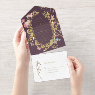 Boho Plum & Gold Wildflower Frame Wedding  All In One Invitation
