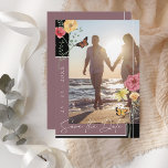 Boho Plum Purple Wildflowers Photo Save the Date<br><div class="desc">Wildflowers Plum Purple Photo Save the Date Card. Stylishly remind your friends and family of your wedding date, with this floral, mauve, wildflowers, photo save the date card, with a pretty, white typography, over a striking plum purple and black background alongside a stylish photo of the couple-to-be that you can...</div>