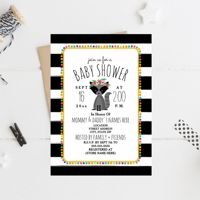 Boho Pom Poms + Stripes Racoon Baby Shower Invitation (Creator Uploaded)