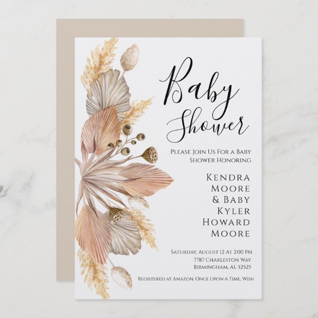 Boho Pompas Grass Baby Shower Invitation (Front/Back)