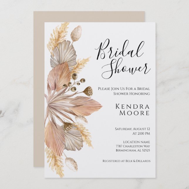 Boho Pompas Grass Bridal Shower Invitation (Front/Back)