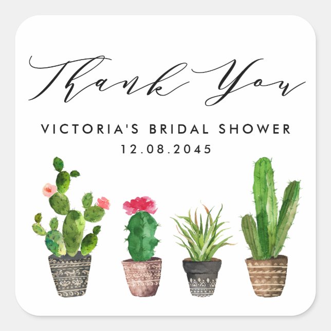 Boho Potted Cactus Bridal Shower Thank You Square Sticker (Front)