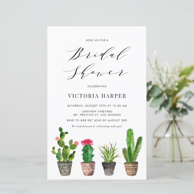 Boho Potted Cactus Summer Bridal Shower Invitation (Standing Front)