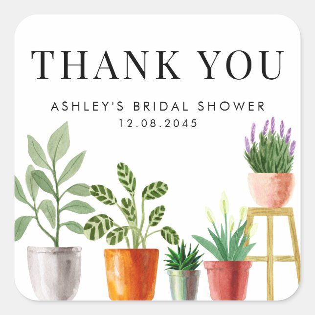 Boho Potted Houseplants Bridal Shower Thank You Square Sticker (Front)