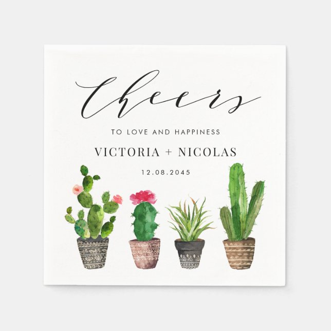 Boho Potted Succulents and Cactus Summer Wedding Napkin (Front)