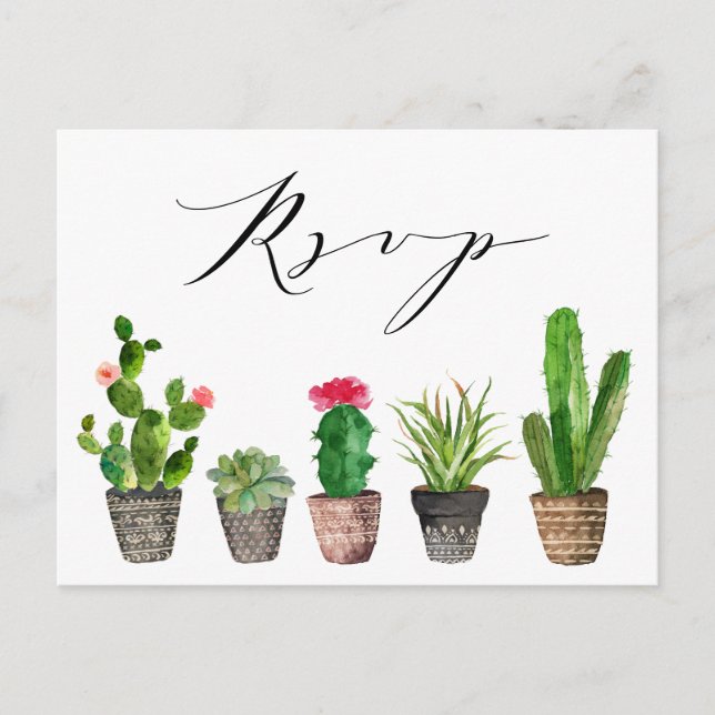 Boho Potted Succulents and Cactus Wedding RSVP Postcard (Front)
