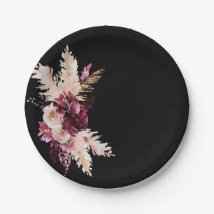 Boho Premium Roses Burgundy Black Wedding Paper Plate