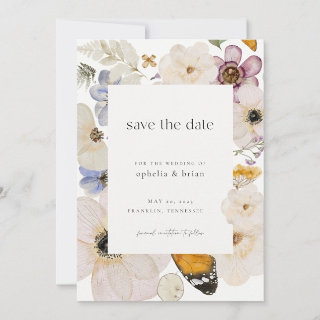 Boho Pressed Dried Flower Save the Date  Invitation (Front)