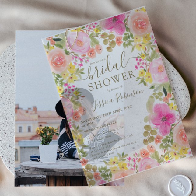 Boho Pretty Floral Watercolor Bridal Shower  Vellum Invitations (Boho Pretty Floral Watercolor Bridal Shower Vellum Invitations)