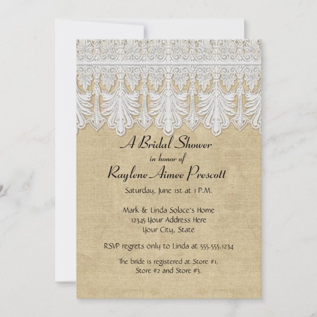 BOHO Printed Burlap n Lace gypsy Modern Mod Style Invitation (Front)