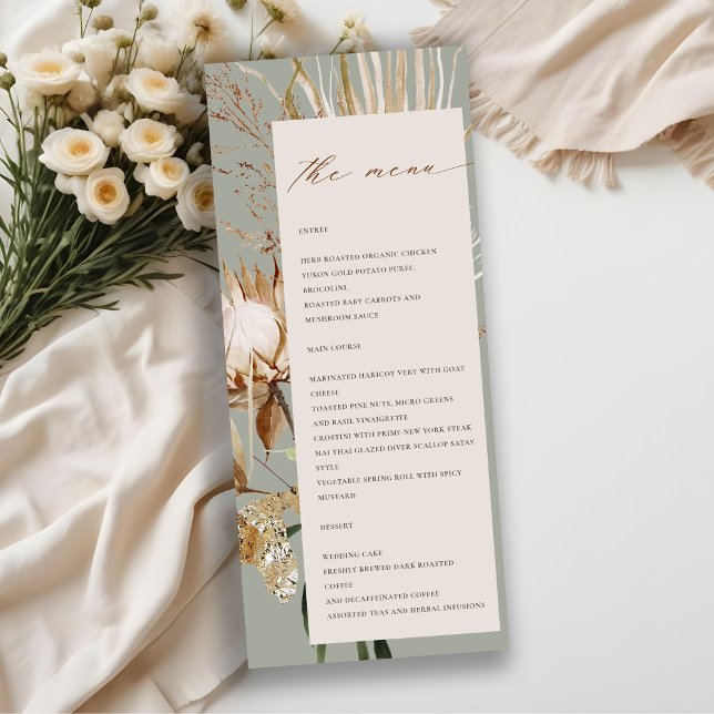 Boho Protea Dried Palm Floral Wedding Menu Card (Creator Uploaded)