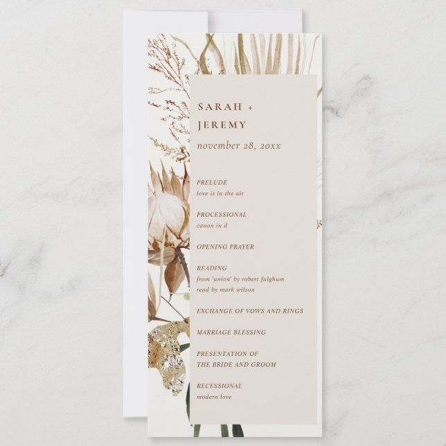 Boho Protea Dried Palm Floral Wedding Program Invitation (Front)