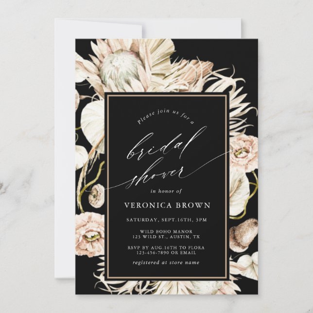Boho Protea Pampas Grass Black Bridal Shower Invitation (Front)