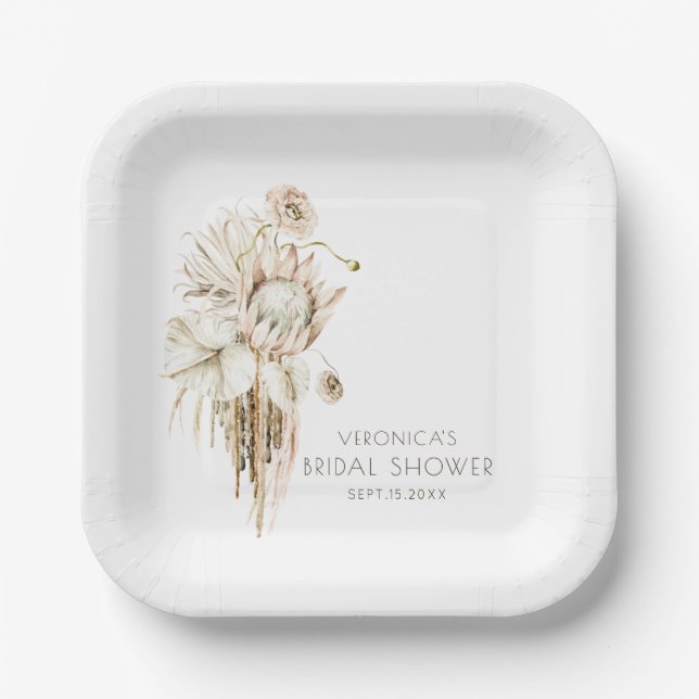 Boho Protea Pampas Grass Bridal Shower  Paper Plate (Front)