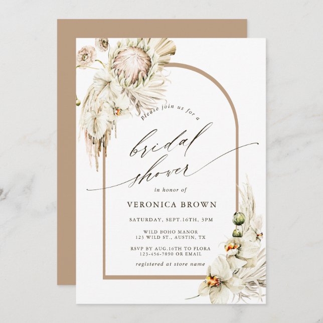 Boho Protea Pampas Grass Floral Arch Bridal Shower Invitation (Front/Back)