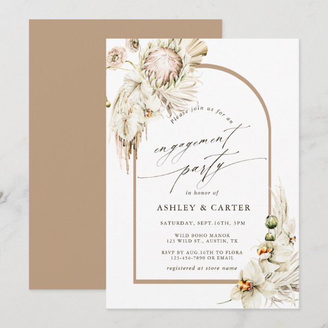Boho Protea Pampas Grass Floral Engagement Party Invitation (Front/Back)