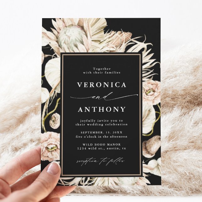 Boho Protea Pampas Grass Floral Wedding Black Invitation (Creator Uploaded)