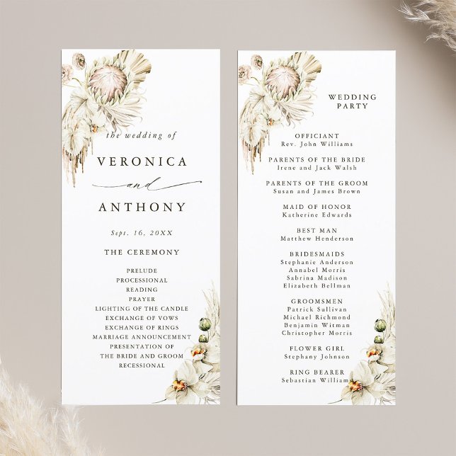 Boho Protea Pampas Grass Floral Wedding Ceremony  Programme (Front & Back)