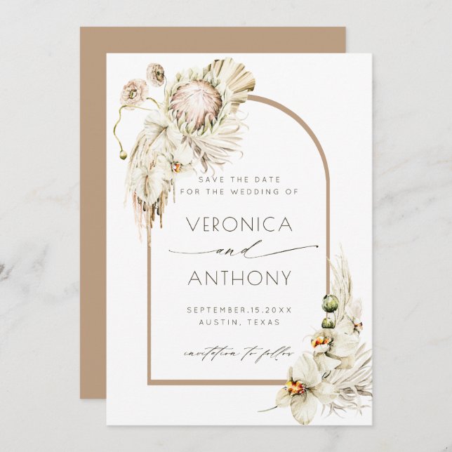 Boho Protea Pampas Grass Floral Wedding Photo Save The Date (Front/Back)