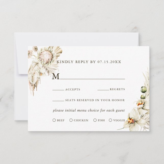 Boho Protea Pampas Grass Floral Wedding RSVP Card (Front)