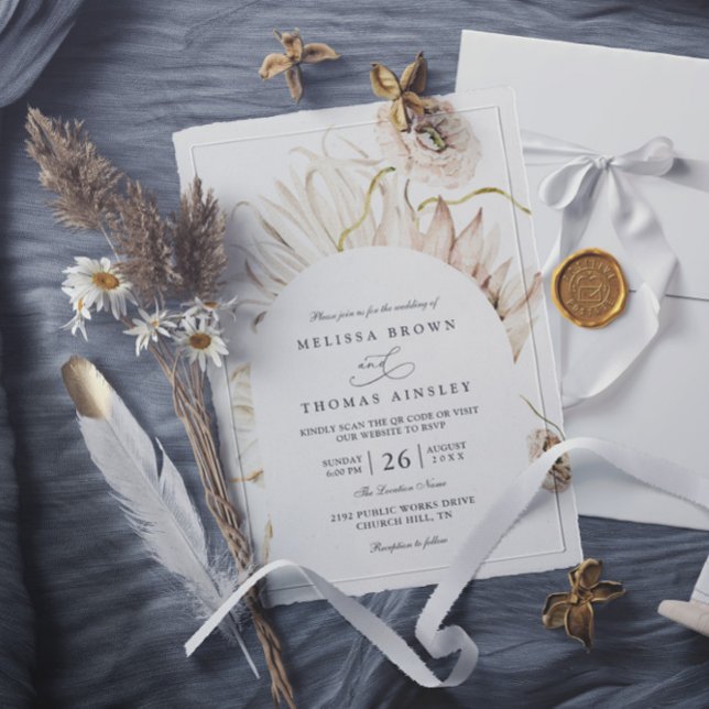 Boho Protea Pampas Grass Rustic QR Code Wedding Invitation (Creator Uploaded)