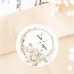Boho Protea Pampas Grass Wreath Wedding Monogram Classic Round Sticker<br><div class="desc">This wedding sticker features a wreath decorated with painted watercolor protea,  white orchids,  dry pampas grass,  white anthuriums,  wildflowers with leaves. For more advanced customisation of this design,  please click the "customise further" link. Matching items are also available.</div>