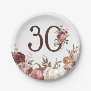 Boho Pumpkin Autumn Bloom 30th Birthday Paper Plate