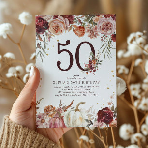 Boho Pumpkin Autumn Bloom 50th Birthday Invitation