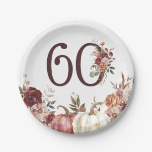Boho Pumpkin Autumn Bloom 60th Birthday Paper Plate