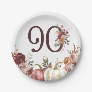 Boho Pumpkin Autumn Bloom 90th Birthday Paper Plate