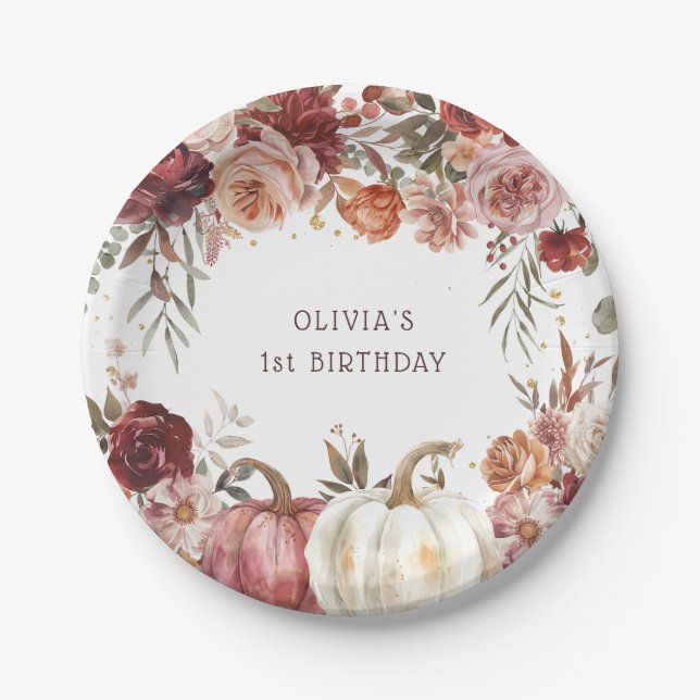 Boho Pumpkin Autumn Bloom Birthday Paper Plate (Front)