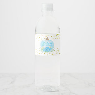 Boho Pumpkin Blue & Gold Baby Boy Shower Water Bottle Label