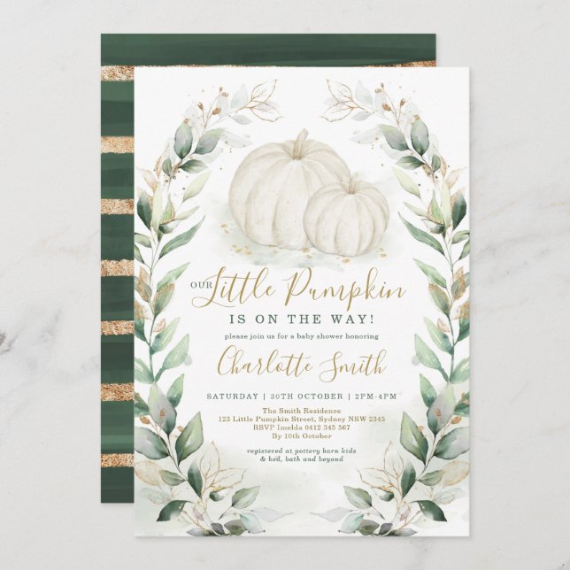 Boho Pumpkin Fall Greenery Gold Wreath Baby Shower Invitation (Front/Back)