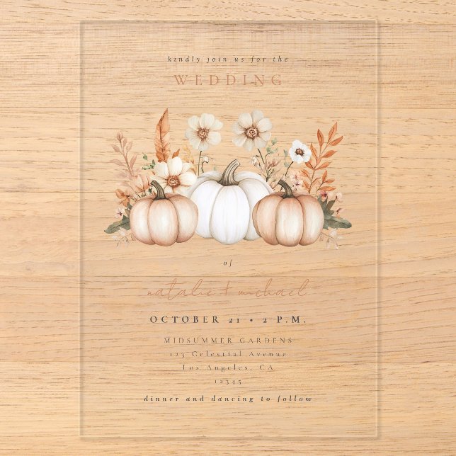 Boho Pumpkin Fall in Love Wedding Acrylic Invitations (Front)