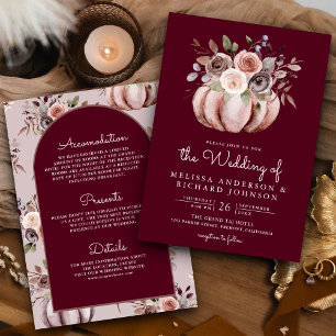 Boho Pumpkin Floral All in One Burgundy Wedding Invitation