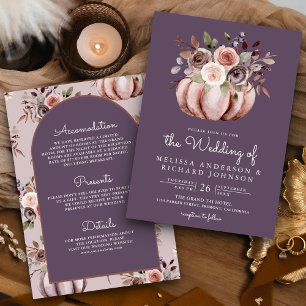 Boho Pumpkin Floral All in One Pale Purple Wedding Invitation