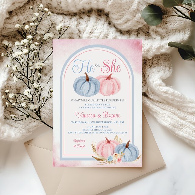 Boho Pumpkin Gender Reveal Pink & Blue Floral Invitation (Creator Uploaded)