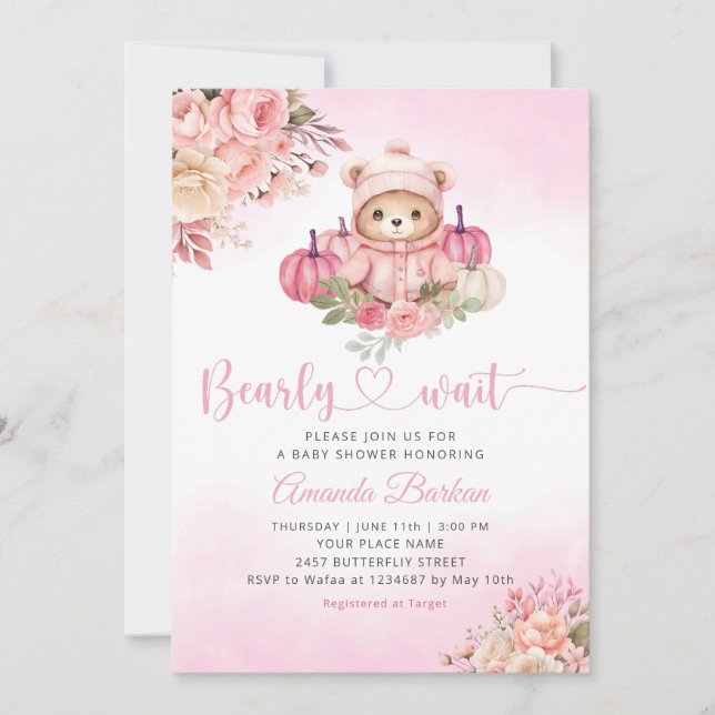 Boho Pumpkin Teddy Bear Pink Girl Bear Baby Shower Invitation (Front)