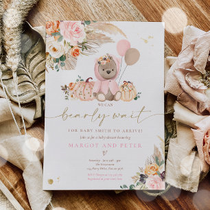 Boho Pumpkin Teddy Bear Pink Girl Bear Baby Shower Invitation