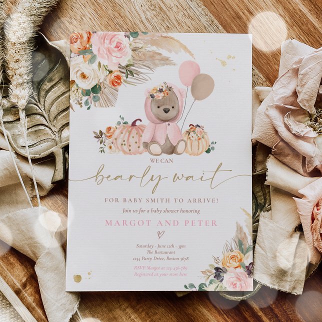 Boho Pumpkin Teddy Bear Pink Girl Bear Baby Shower Invitation (Creator Uploaded)