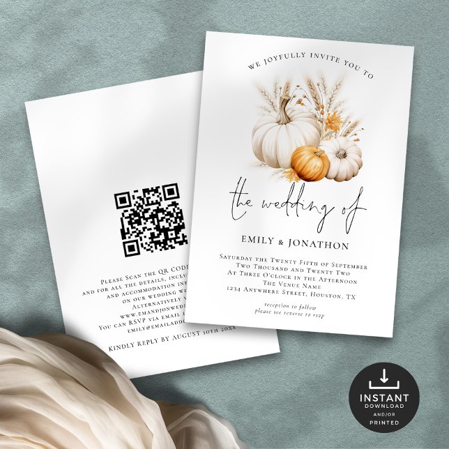 Boho Pumpkins Grasses QR Code Wedding  Invitation (Front and back view)
