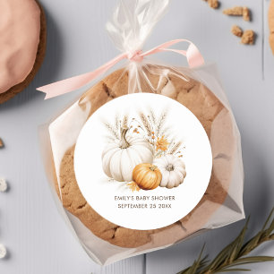 Boho Pumpkins Pampas Grasses Name Date Baby Shower Classic Round Sticker