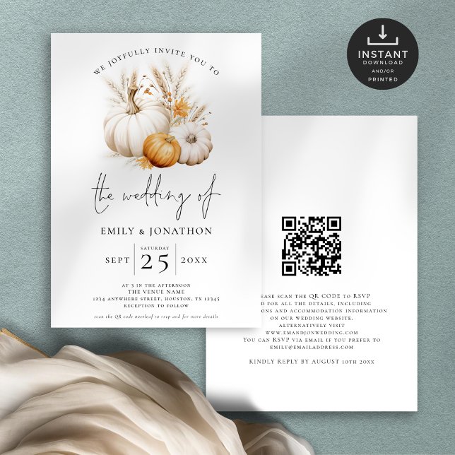 Boho Pumpkins Pampas QR Code Fall Wedding Invitation (Front and back view)