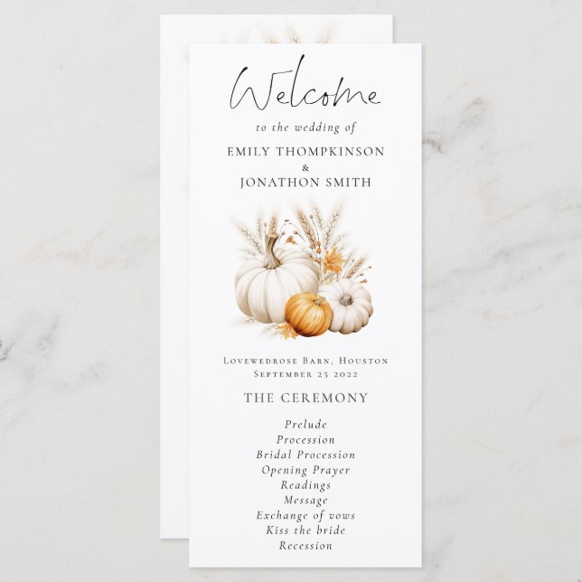 Boho Pumpkins Pampas Wedding Program Card (Front/Back)