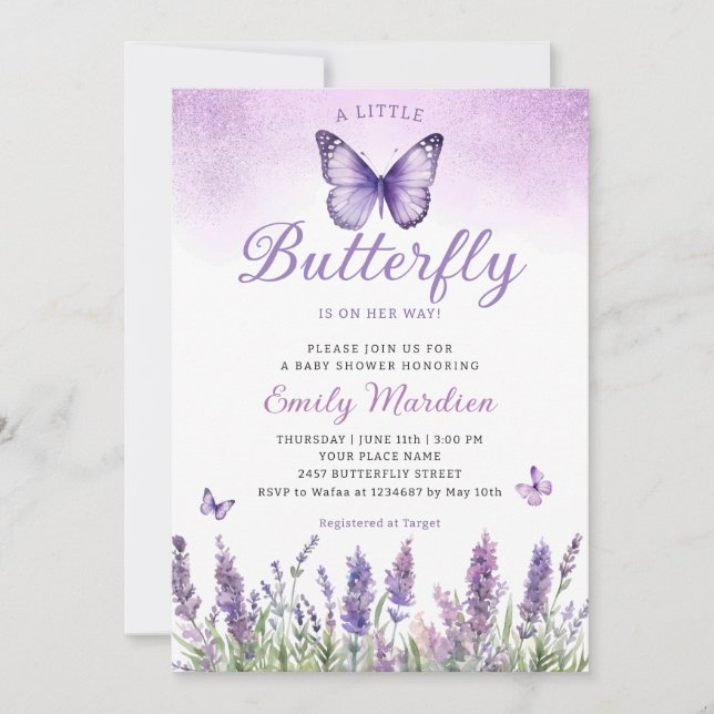 Boho Purple A Little Butterfly Girl Baby Shower  Invitation (Front)