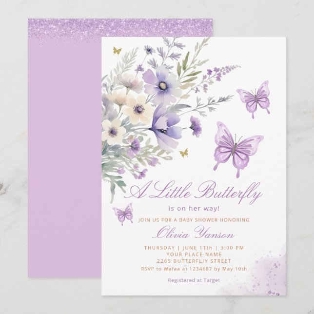 Boho Purple A Little Butterfly Girl Baby Shower  Invitation (Front/Back)