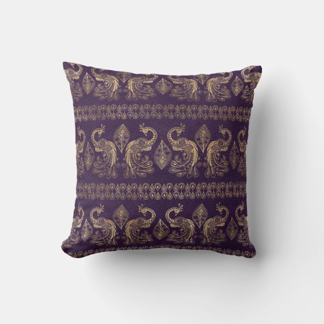 Boho Purple and Gold Peacock Cushion (Front)