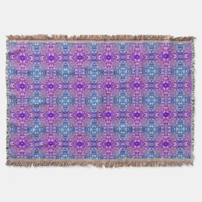 Boho Purple Blue Flower Pattern Throw Blanket (Front)